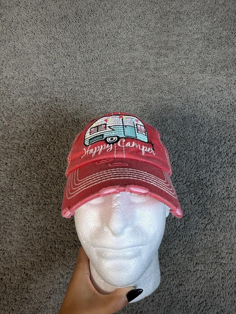 Vintage Happy Camper Hat Cap Baseball Womens OS Distressed Red Cotton Twill